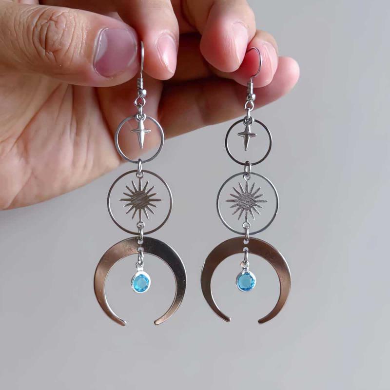 Bohemian Sun & Moon Nymph Earrings in Water Blue