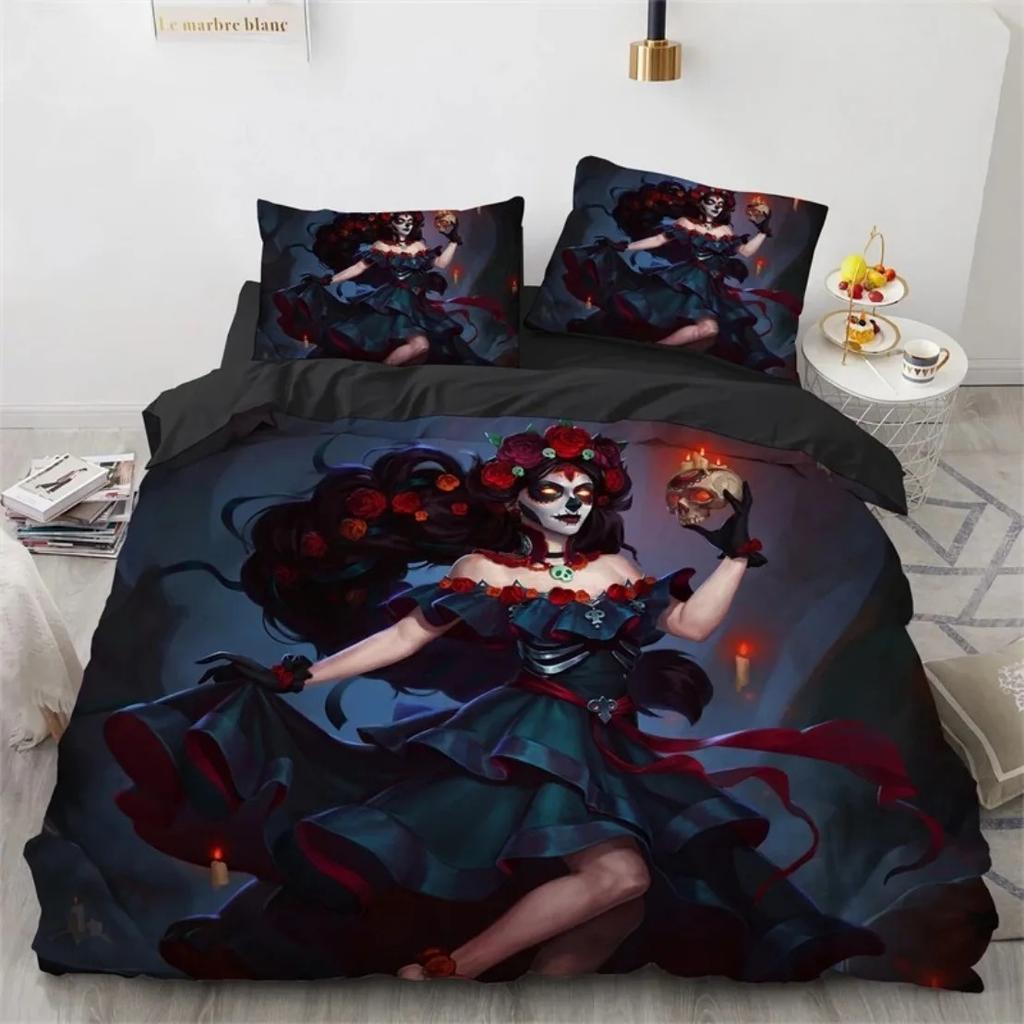Skull Rose Skeleton Bedding Set,Skull Duvet Cover Set,Red Rose Skeleton King Queen Size Bedding Set