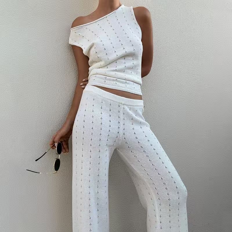

Fashion Wind Fashionable Knitted Beach Vest Casual Pants Suit Knitted Vest and Pants Set White S