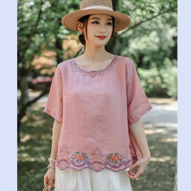 This year's new cotton and linen short-sleeved women's embroidery literary and retro style casual versatile loose round neck summer comfortable thin