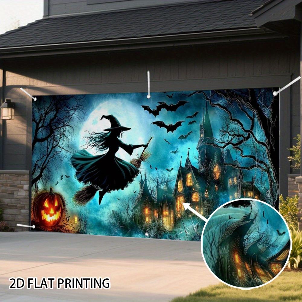 A 2D flat banner depicting a Halloween witch flying at night, perfect for decorating your garage door.zyc
