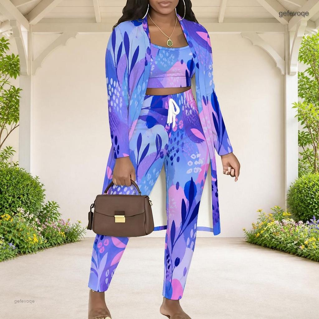 Women Plus Size Red Floral Printed Three Piece Set Long Sleeve Open Front Cardigan Crop Top Long Pants