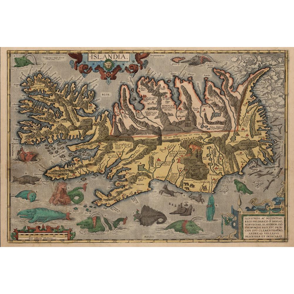 Vintage 1585 Iceland Map Poster, Art Print with Sea Monsters, Retro Nordic Home Decor Wall Hanging for Living Room & Office