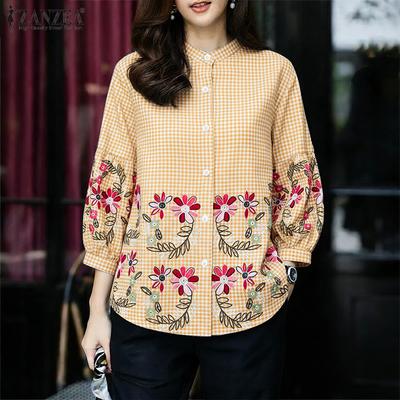 Blusa Feminina Casual com Gola Alta, Corte Solto e Estampa Xadrez, Manga 3/4