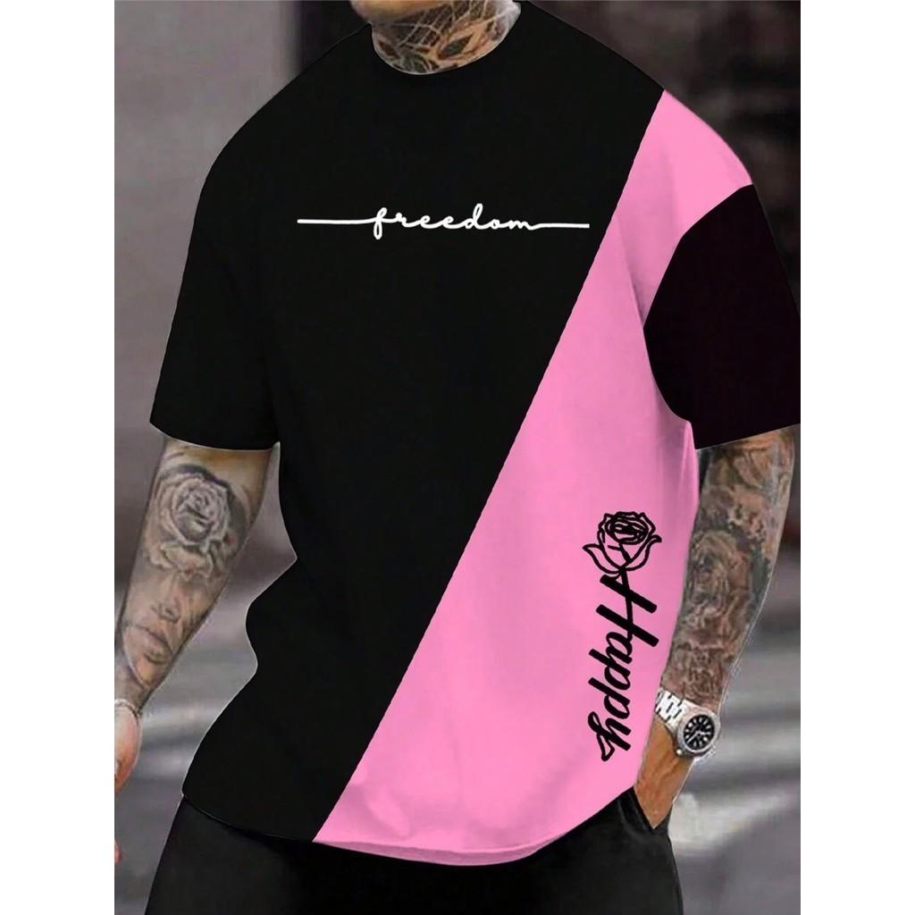 

Men s fashion T-shirt with 3D letter and flower prints XS