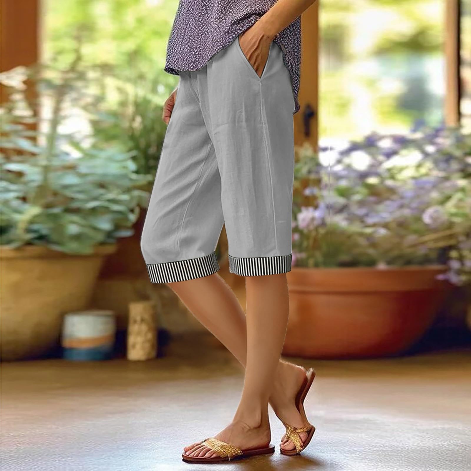 

Women’s Knee Length Cotton Bermuda Shorts with Striped Cuffs Relaxed Fit Casual Summer Lightweight Breathable Fabric Design L