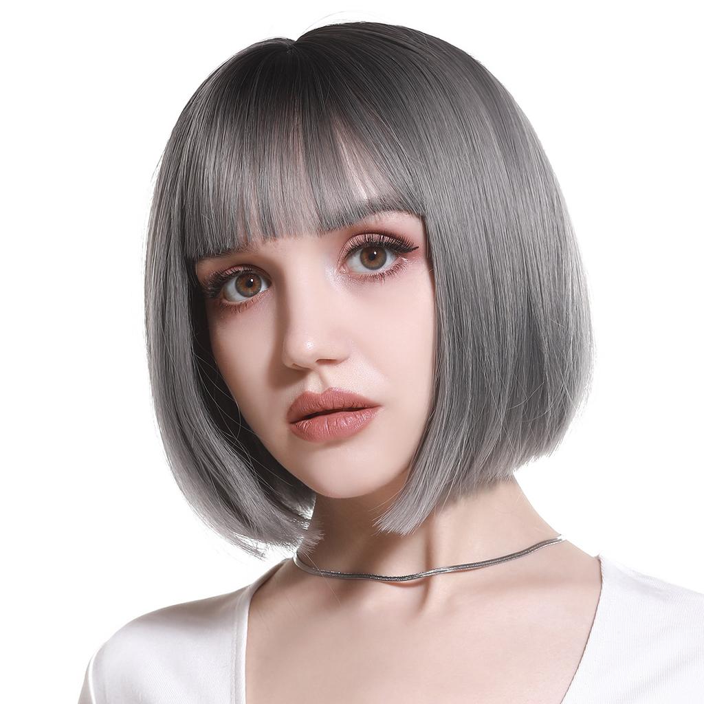 Women's Natural Looking Daily Use Short Straight Wig with See-through Bangs Ladies Front Lace Heat Resistant Fluffy Bob Wig