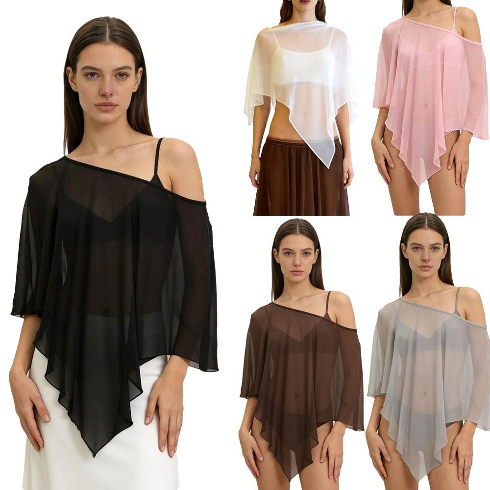 Solid Color Sheer Poncho Top Asymmetrical Design Swim Coverup Womens T-shirt Beach Cover-ups