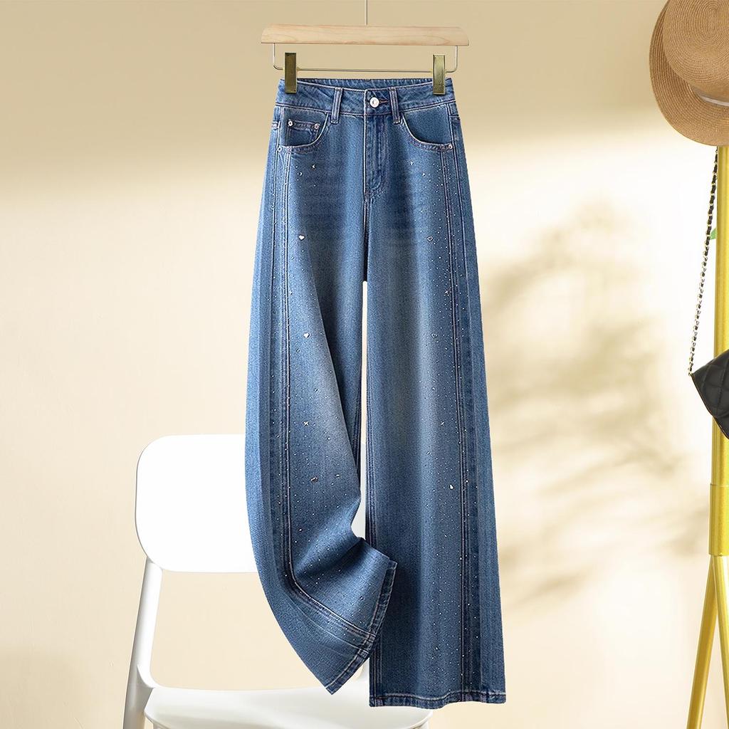 Women's High-End Wide-Leg Floor-Length Jeans: Spring/Autumn Style with Elegant Details