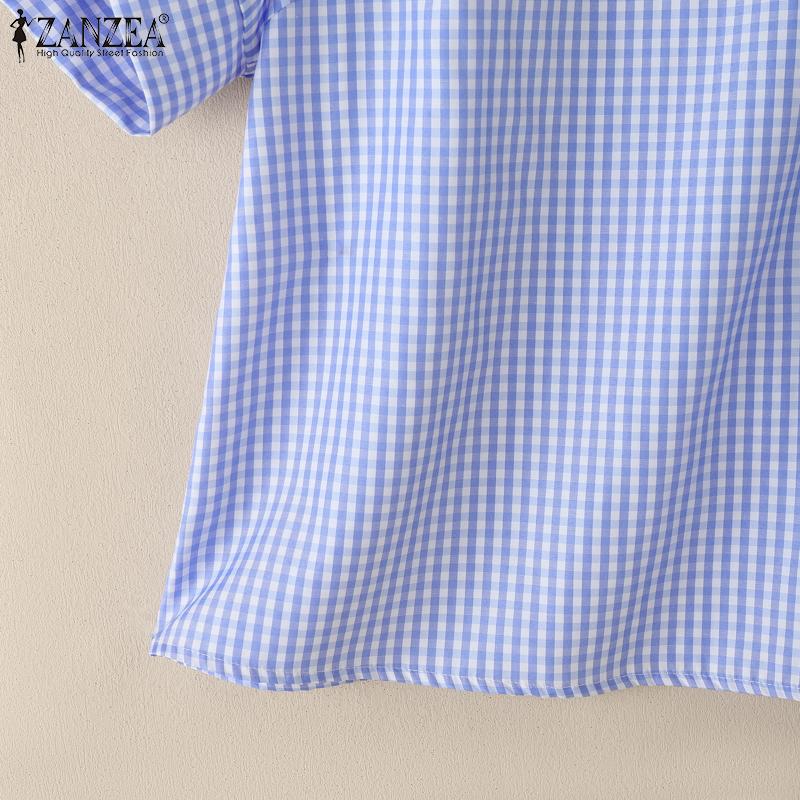ZANZEA Women Square Collar Short Sleeve Casual Grid Print Blouse