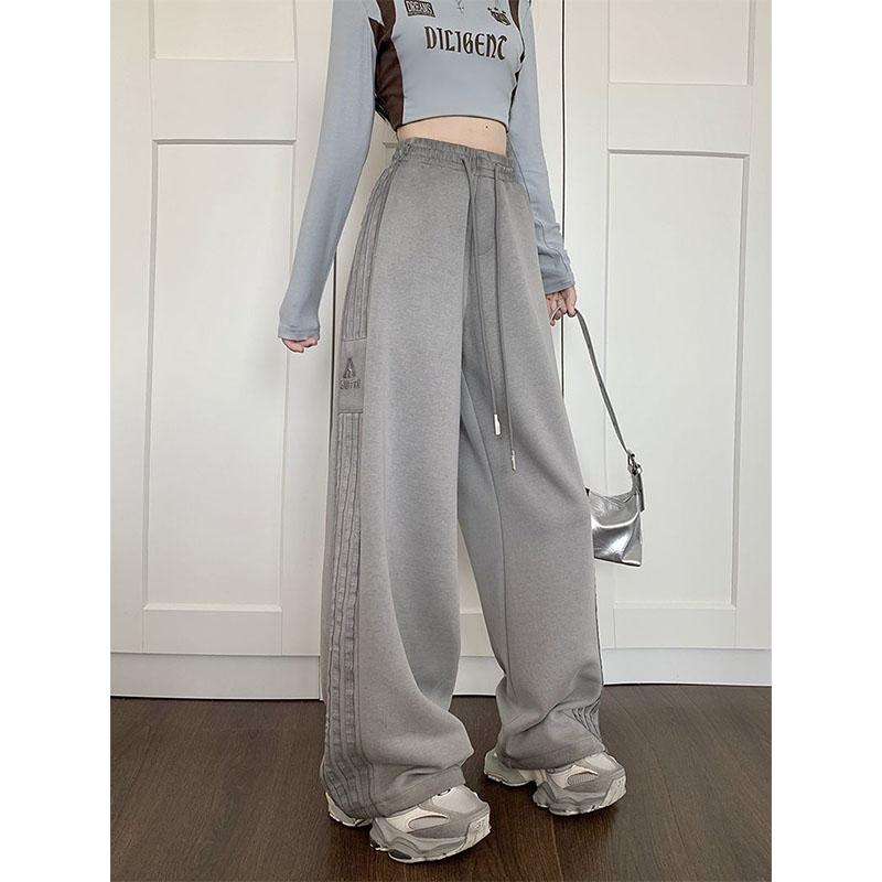 American Style Pink Striped Sports Women Spring Autumn Casual Thicken Sweatpants Loose Straight Elastic Waist Wide Leg Trousers