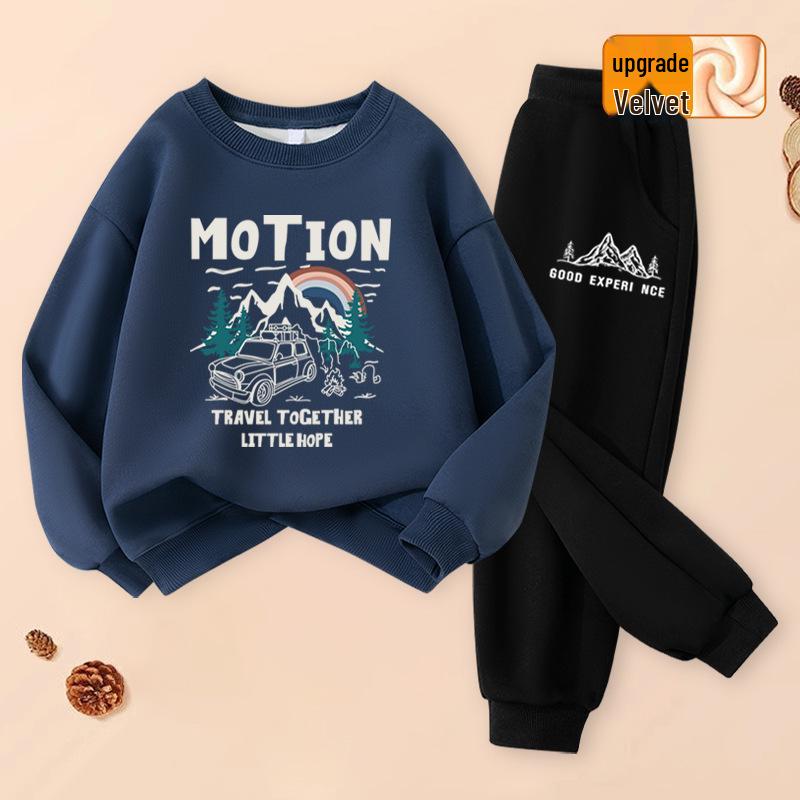 2025 Boys' Trendy Fleece-Lined Hoodie & Pants Sportswear Set for Spring & Autumn