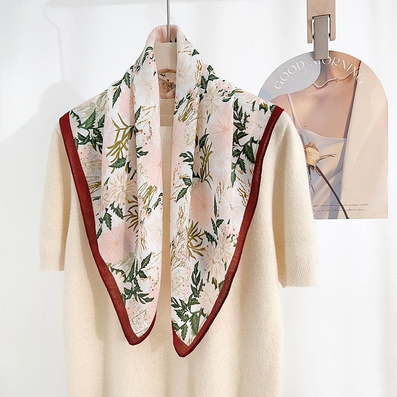 Retro literature and art niche Japanese and Korean flower printing square scarf 68 herringbone pattern women's professional wear elegant temperament 