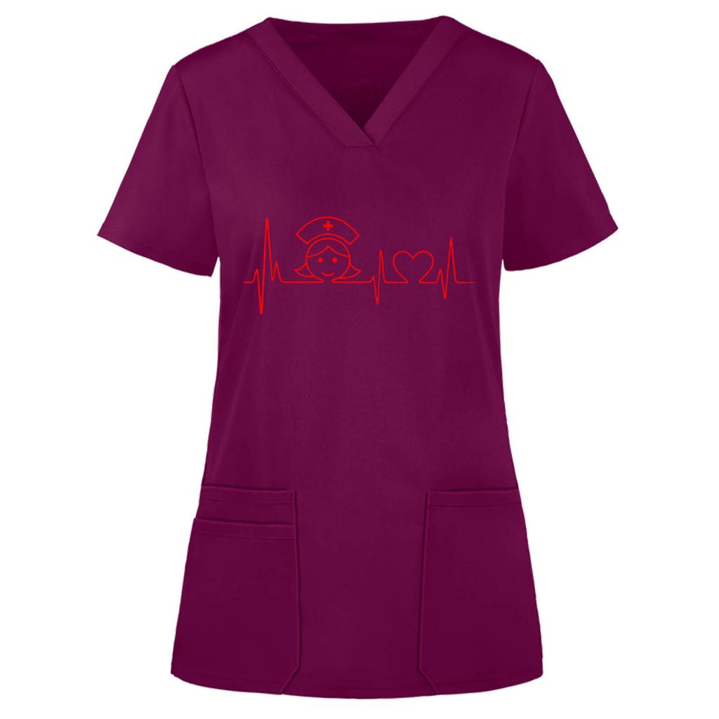 (SU)Women Short Sleeve V-neck Tops Working  Solid Color Pocket Blouse