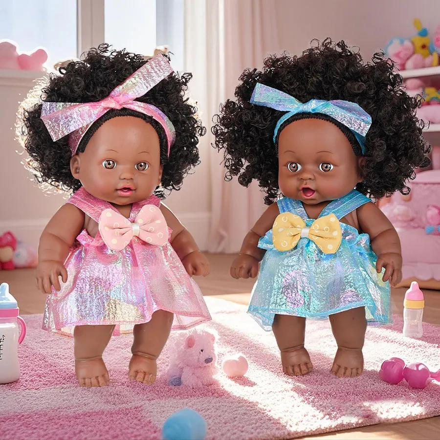 8 Inch Black Reborn Doll with Dress Curly Hair 20cm Realistic Baby Doll Simulation Toys Full Vinyl Body for Girls Birthday Gift