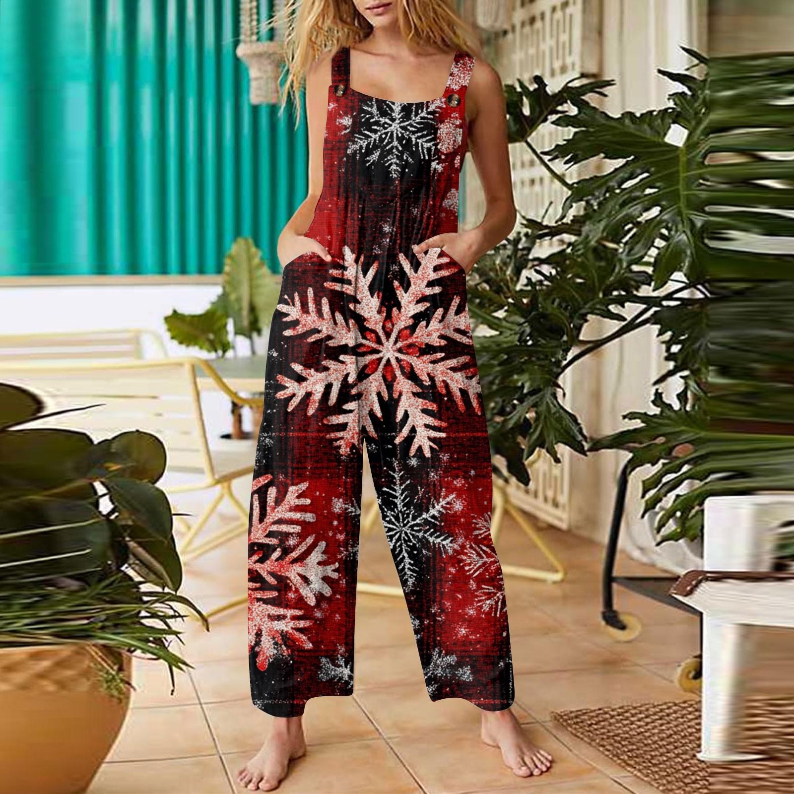 

Женский модный повседневный винтажный комбинезон без рукавов с рождественским принтом на пуговицах L красный