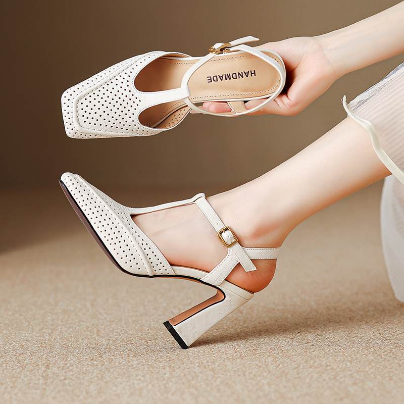 Krazing Pot Sheepskin Square Toe Size 41 High Heels Hollow Out Decoration Super High Heels Breathable Autumn Pumps