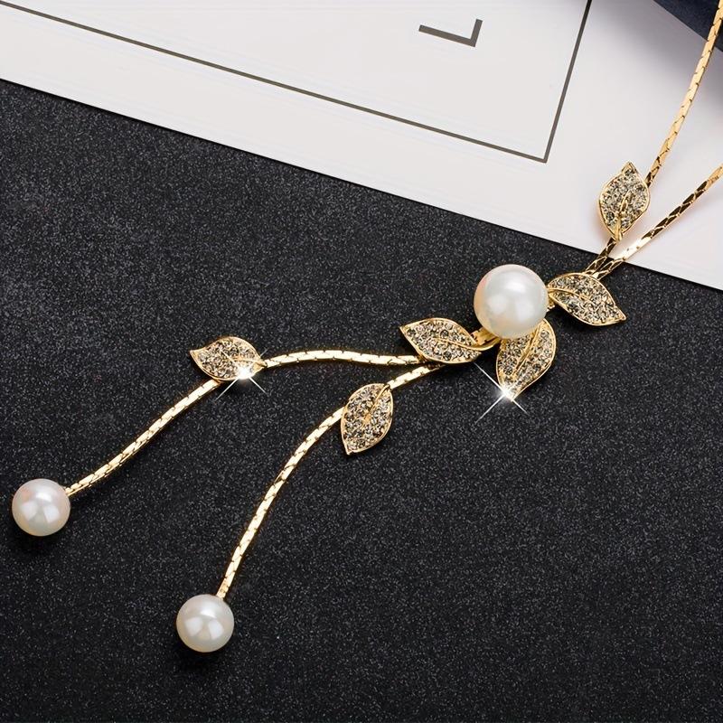 Long Tassel Chain Leaves Pendants Necklace For Women Trendy Crystal Pearl Sweater Chain Accessories On Neck Fashion Jewelry Female