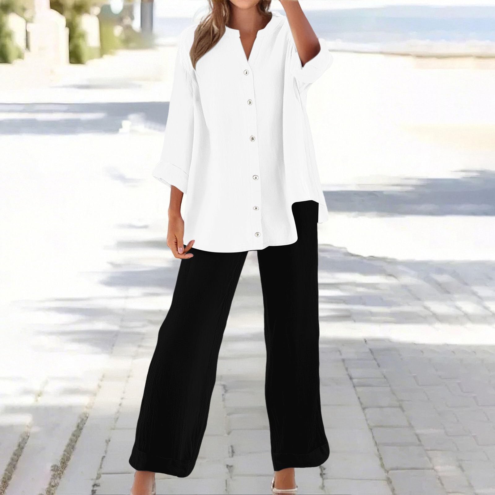

Women s Fashion Button-Down Casual Oversized Shirt Two-Piece Set XL білий