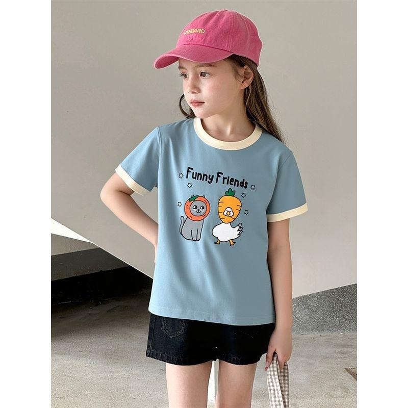 27Home Brand Summer Kidsren's Pure Cotton Short-Sleeved T-Shirt Girls Korean Style Kidsren's Clothing Cartoon Print Baby Clothes