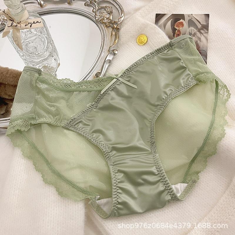 

French-style Satin Niche Sexy Pure Lace Cream Triangle Panties Pure Cotton Crotch Low-rise Women s Underwear L зелёный