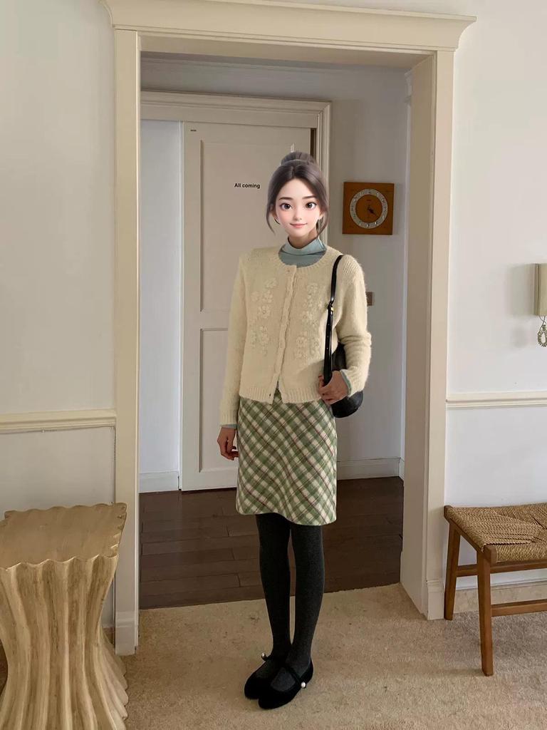 Korean Style 2025 Autumn/Winter Retro Green Plaid Skirt