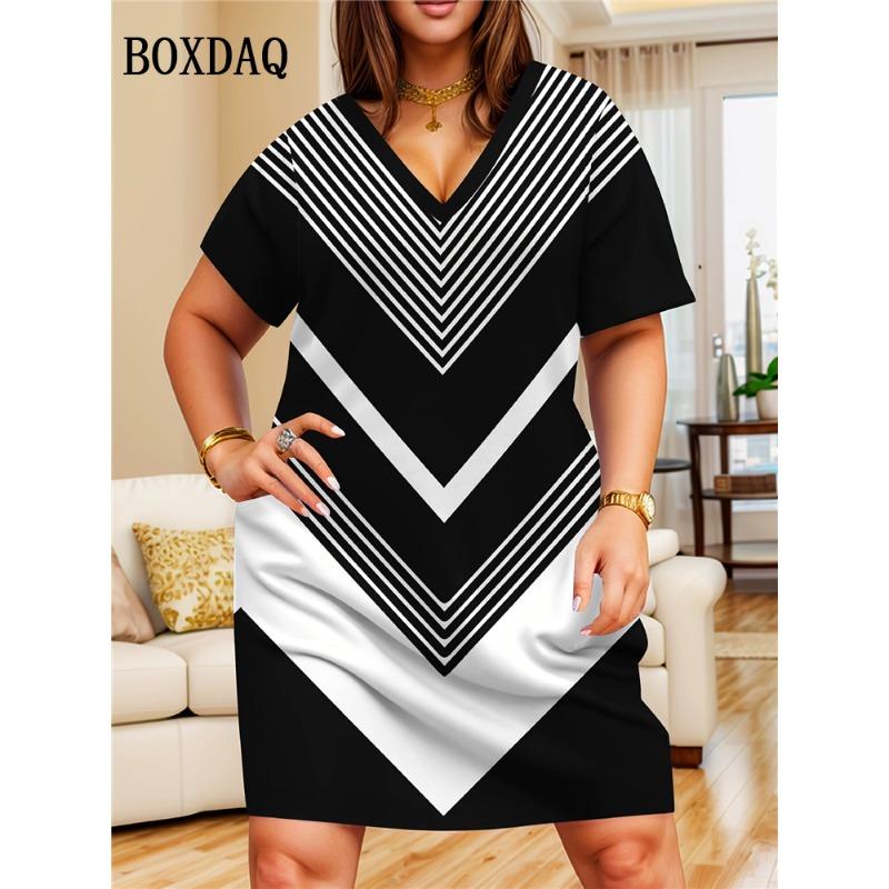 Gradient Dresses Summer Elegant Women'S Clothing Fashion Print Short Sleeves Loose Dress Plus Size Casual V-Neck Party Dress