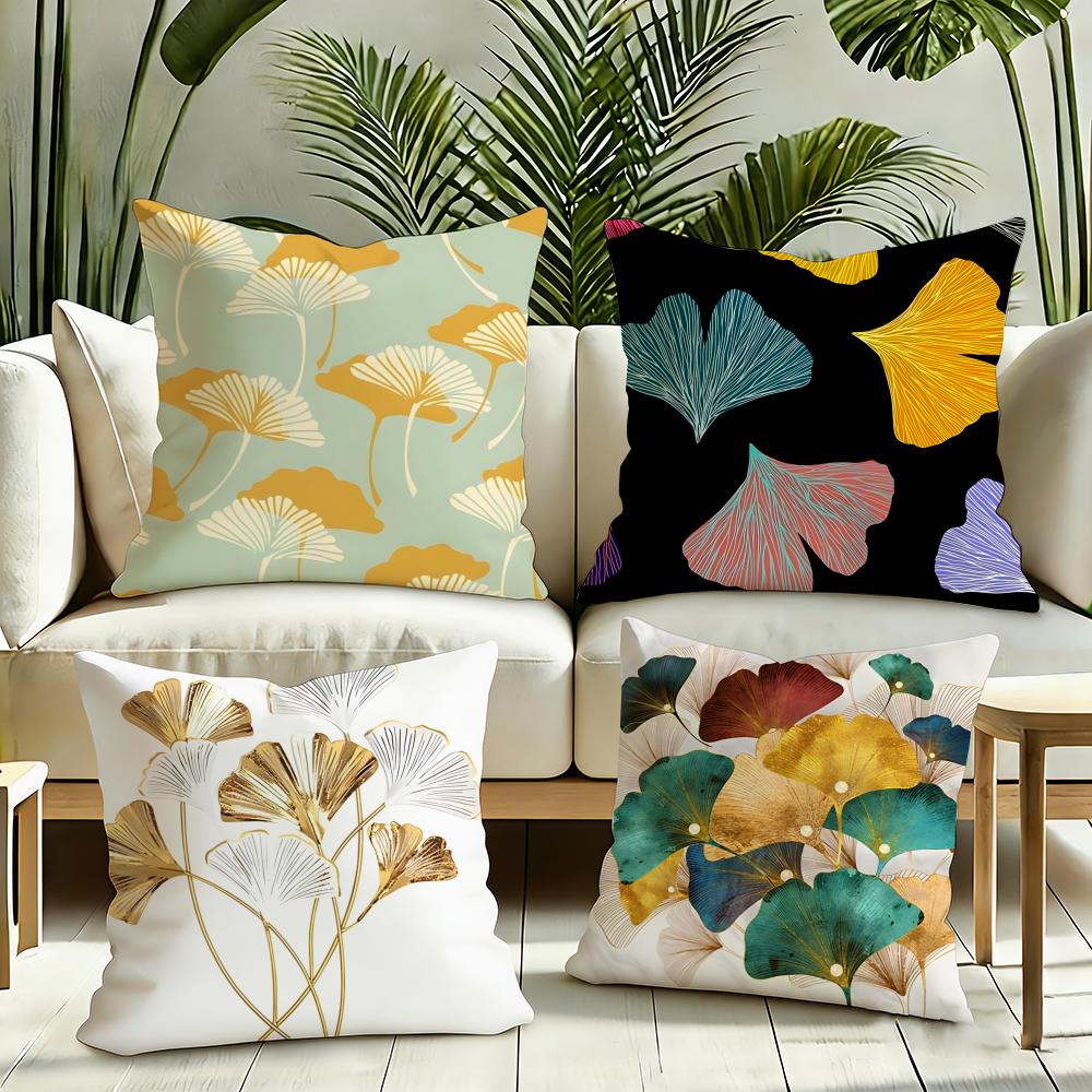 Ginkgo Leaves Printed Cushion Cover Reversible Plush Pillow Cover Soft Fluffy Home Decor for Sofa Bedroom