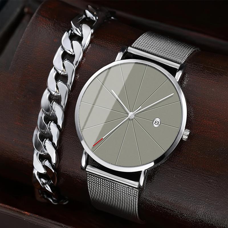 

Набор из 2 предметов, модные мужские часы с календарем, роскошные мужские кварцевые наручные часы из нержавеющей стали, мужские наручные часы с браслетом и браслетом