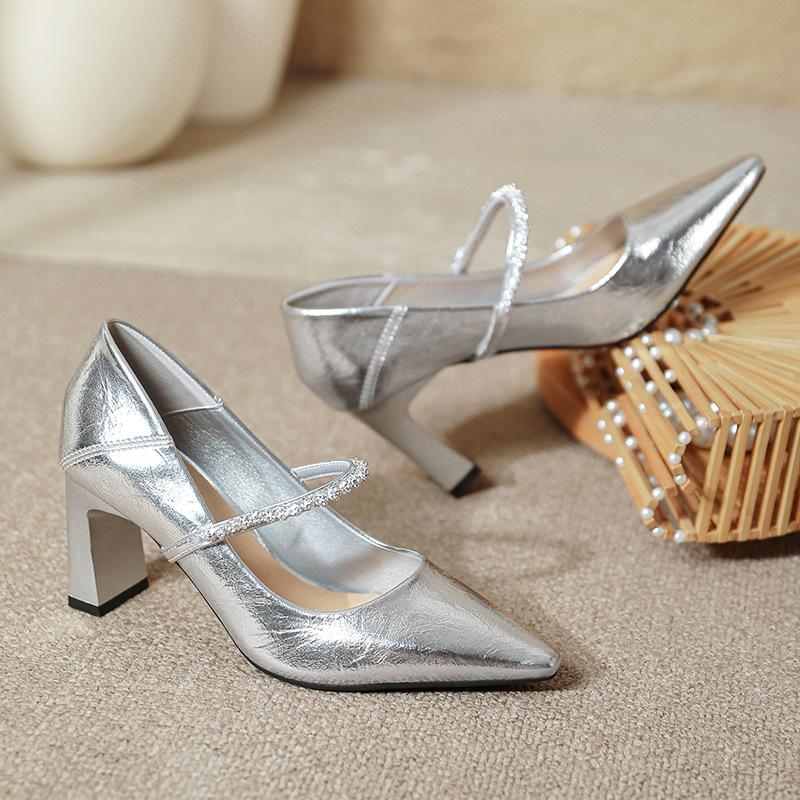 2025 Autumn New Square-Toe Low-Cut Rhinestone Block Heel Mary Jane Shoes Women's One-Strap French High Heels XW-9612-6