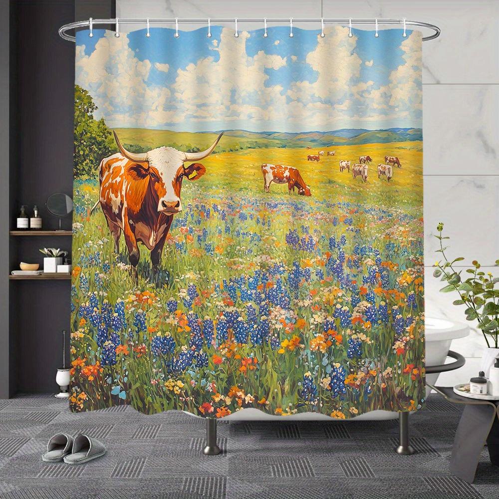 

Pastoral Cow Shower Curtain – Farmhouse Meadow Art, Wildflowers & Rolling Hills, 70x70in, Includes Hooks 90x180cm35x71in