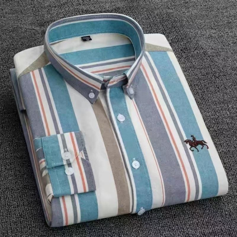 Kariertes Lässiges Baumwoll-Herrenhemd Slim Fit Mit Pferde-Logo Oxford-Stoff Langärmeliges Gestreiftes Hemd Für Herren