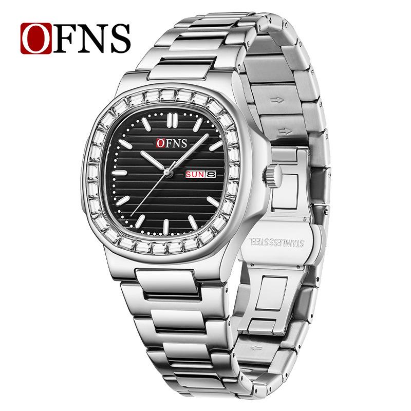 OFNS Men's Classic Quartz Watch: Square Diamond-Inlaid Dial, Dual Calendar, Waterproof, Two-Hand Design