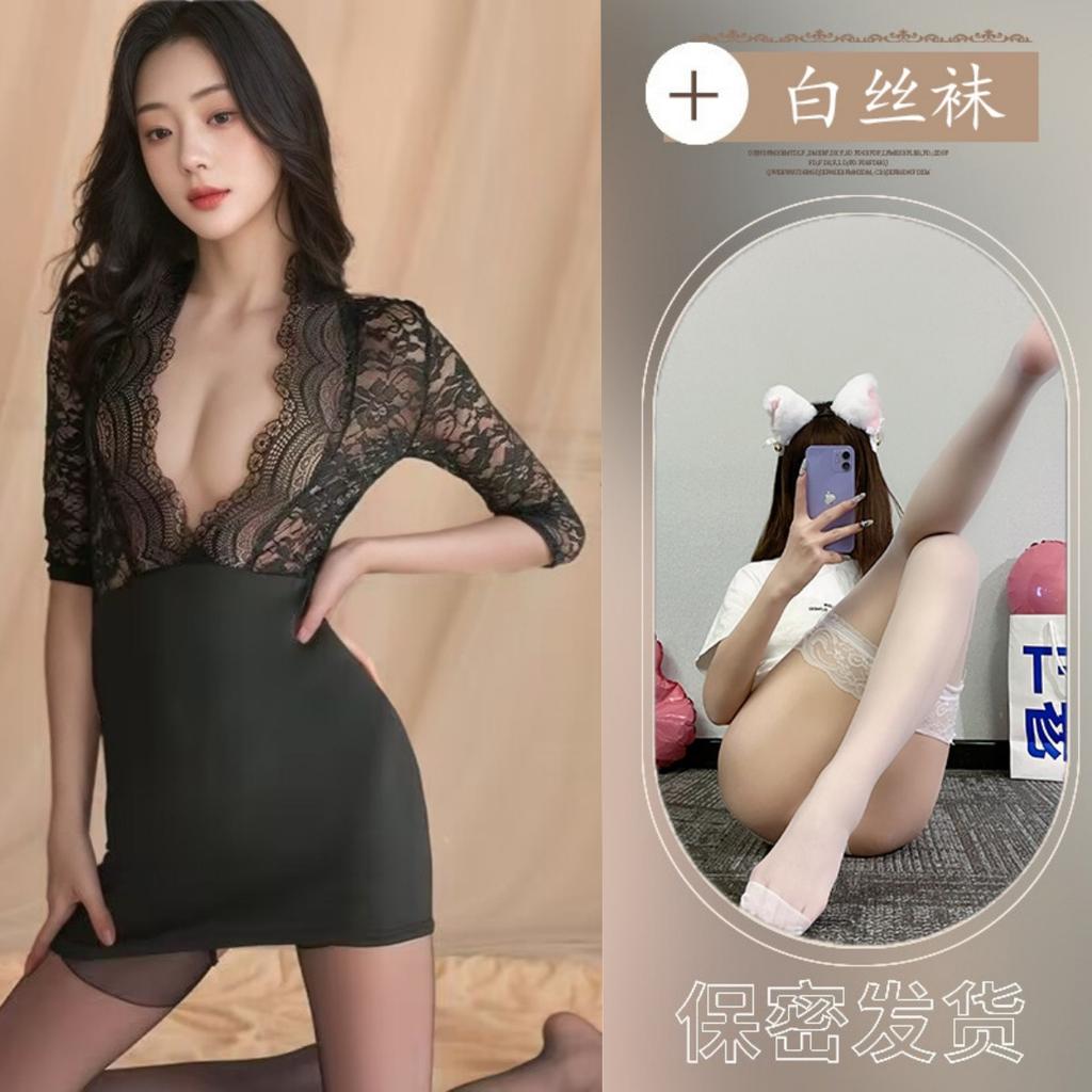 New sexy lingerie lace temptation perspective deep v ** hip skirt free large size pajamas women