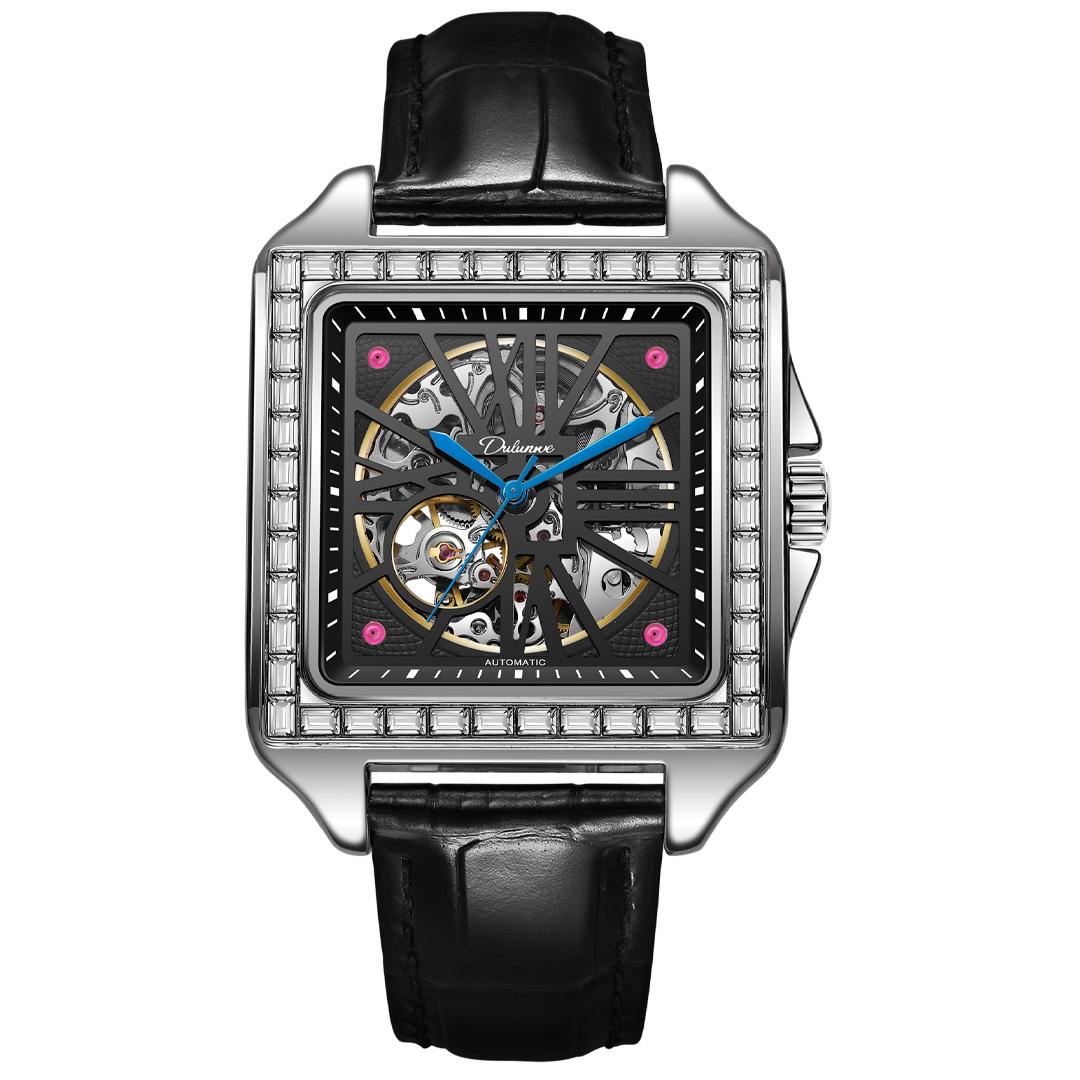 

Креативные прямоугольные инкрустированные бриллиантами турбийон полые циферблаты мужские полностью автоматические водонепроницаемые механические часы простые деловые модные аксессуары чёрный