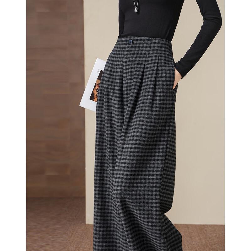 Demana Women's Warm High-Waist Pleated Plaid Wide-Leg Trousers