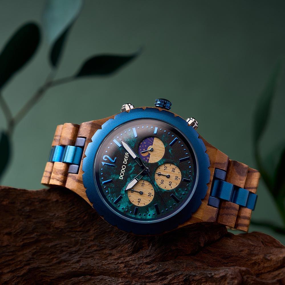 Herrenuhren Holzarmband Mode Blaues Zifferblatt Uhren Luxus Datum Chronograph Leuchtend Holz Armbanduhr Für Mann