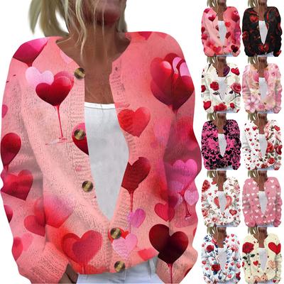 Women's Fashion Valentine's Day Heart Printed Long Sleeve Knitted Cardigan Button Jacket