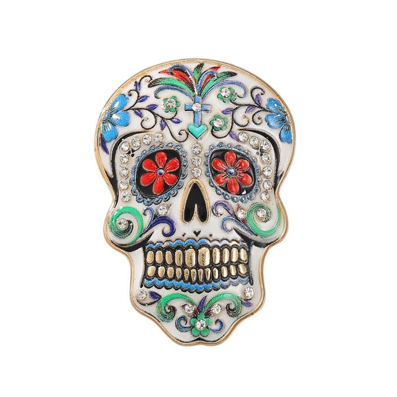 Colorful Flowers Sugar Skull Brooch With Vibrant Enamel Sparkly Rhinestone Accents For Day Of The Dead And Halloween Parties