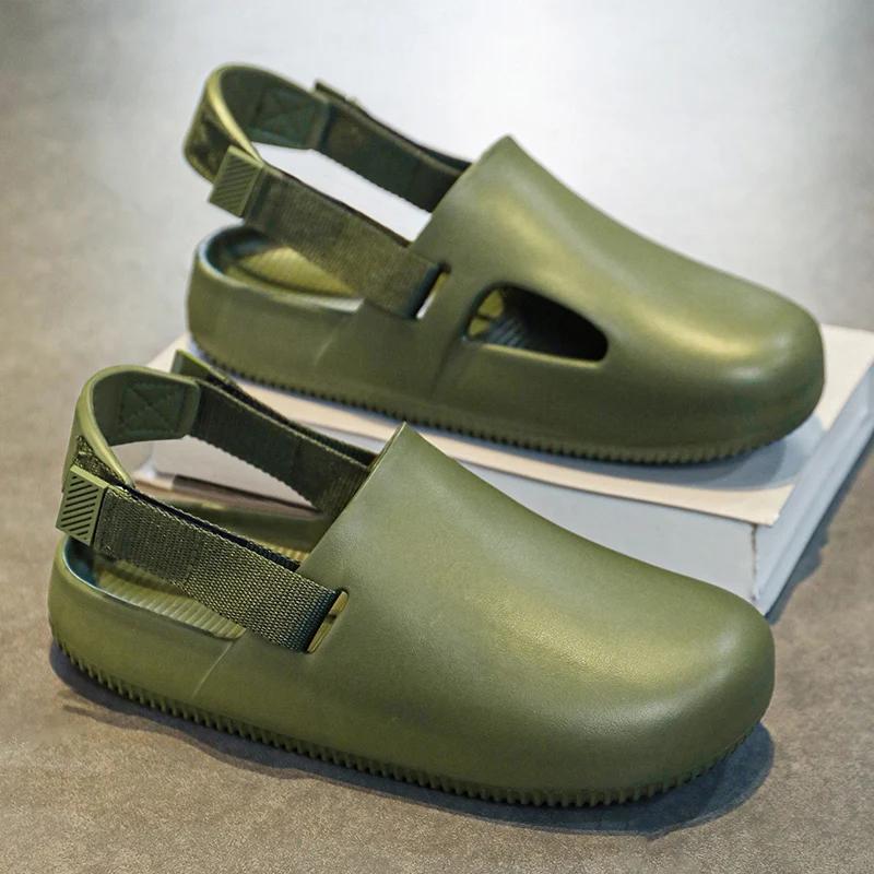 

Новые летние мужские тапочки, мужские мюли на плоской подошве, пляжные сандалии, быстросохнущие водонепроницаемые тапочки, повседневные, для работы, сада, легкие тапочки 45 зелёный