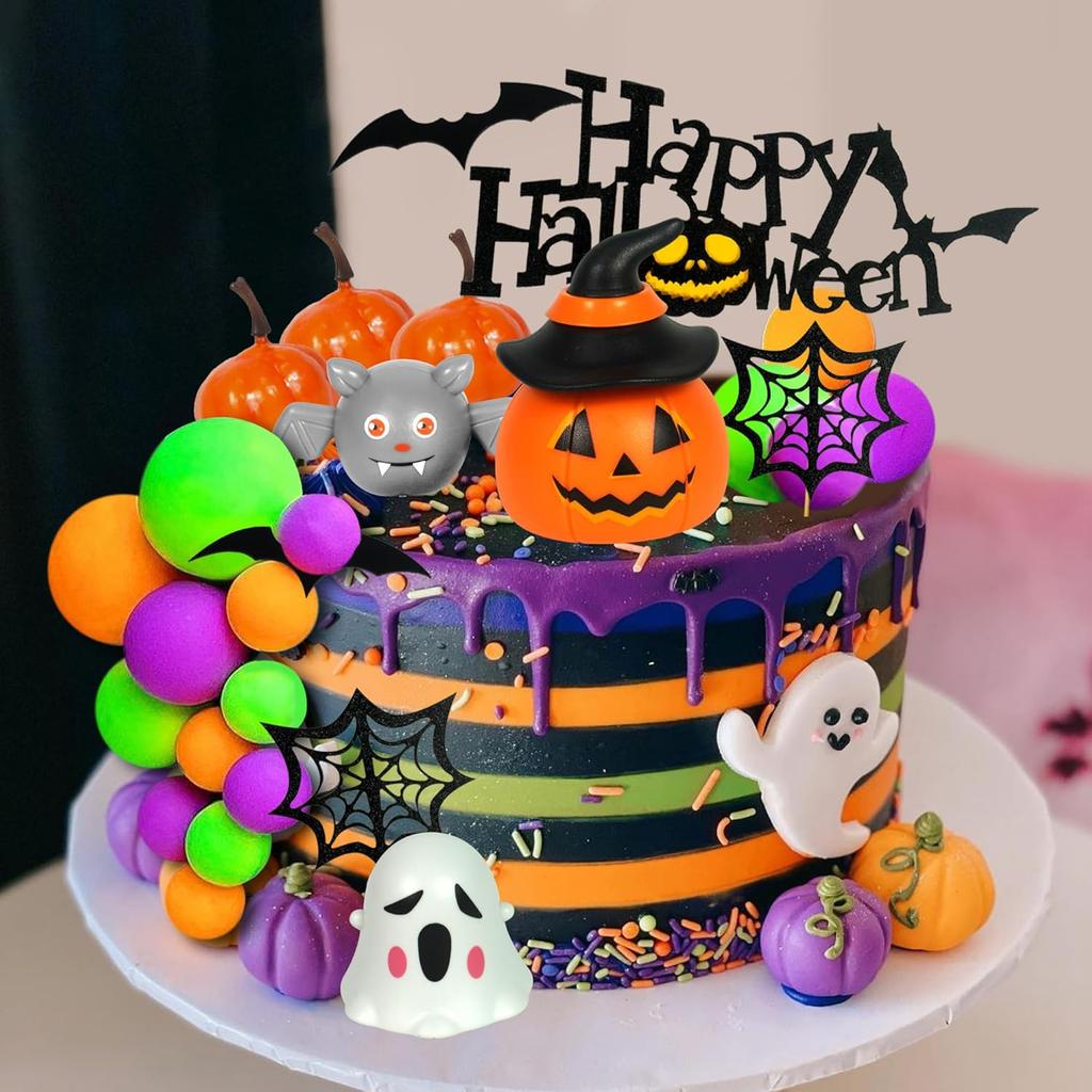 39pcs Halloween Cake Toppers 3D Pumpkin Bat Ghost Cake Balls Cake Decorations Happy Halloween Cake Topper For Party Supplies