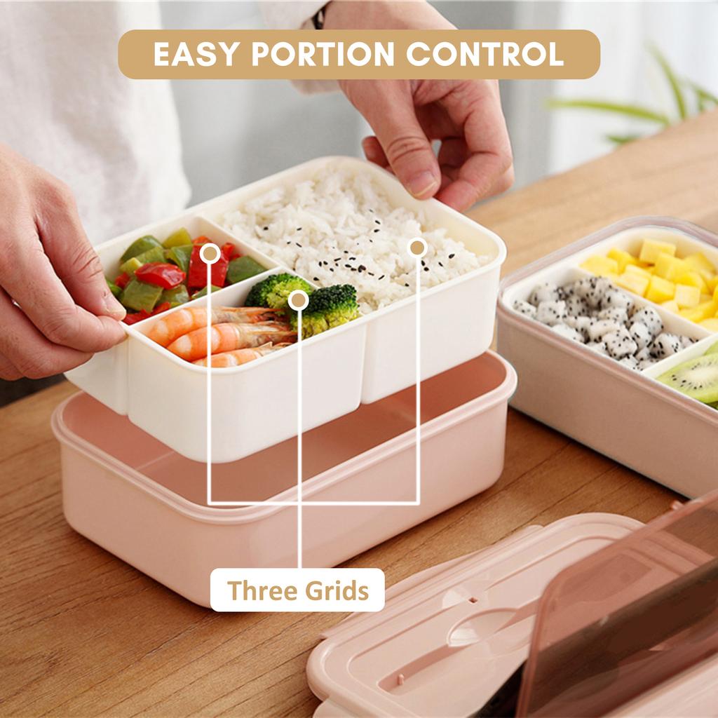 1400ML Plastic Lunch Box With Fork and Spoon 3 Compartment Single-layer proof Reusable Crisper Portable Sealed Box for Adults Kids Home Scho