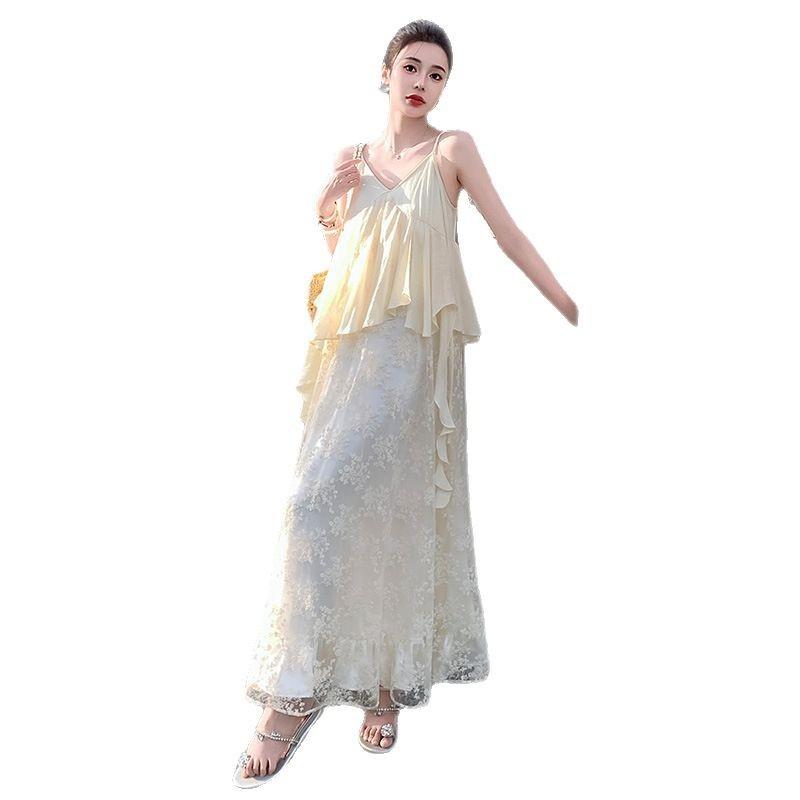 Lace Splicing Collar Suspender Dress Women's Summer Ruffle Edge Skirt Vacation Gentle High Waist Fairy Dress