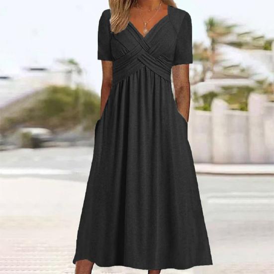 Robe d'été plissée à bretelles croisées pour femmes, col en V, manches courtes, poches de couleur pure, ligne a, ourlet ample, respirante, douce, pour les rencontres et les déplacements