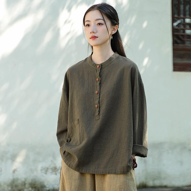 Women's Cotton Linen Zen Meditation Suit with Frog Button Shirt