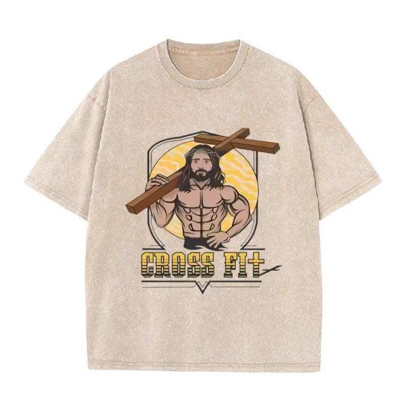 Asian Size Vintage Washed T Shirt Muscular Jesus Cross Fit Graphic Oversized Gym Christian Streetwear Short Sleeve Tee