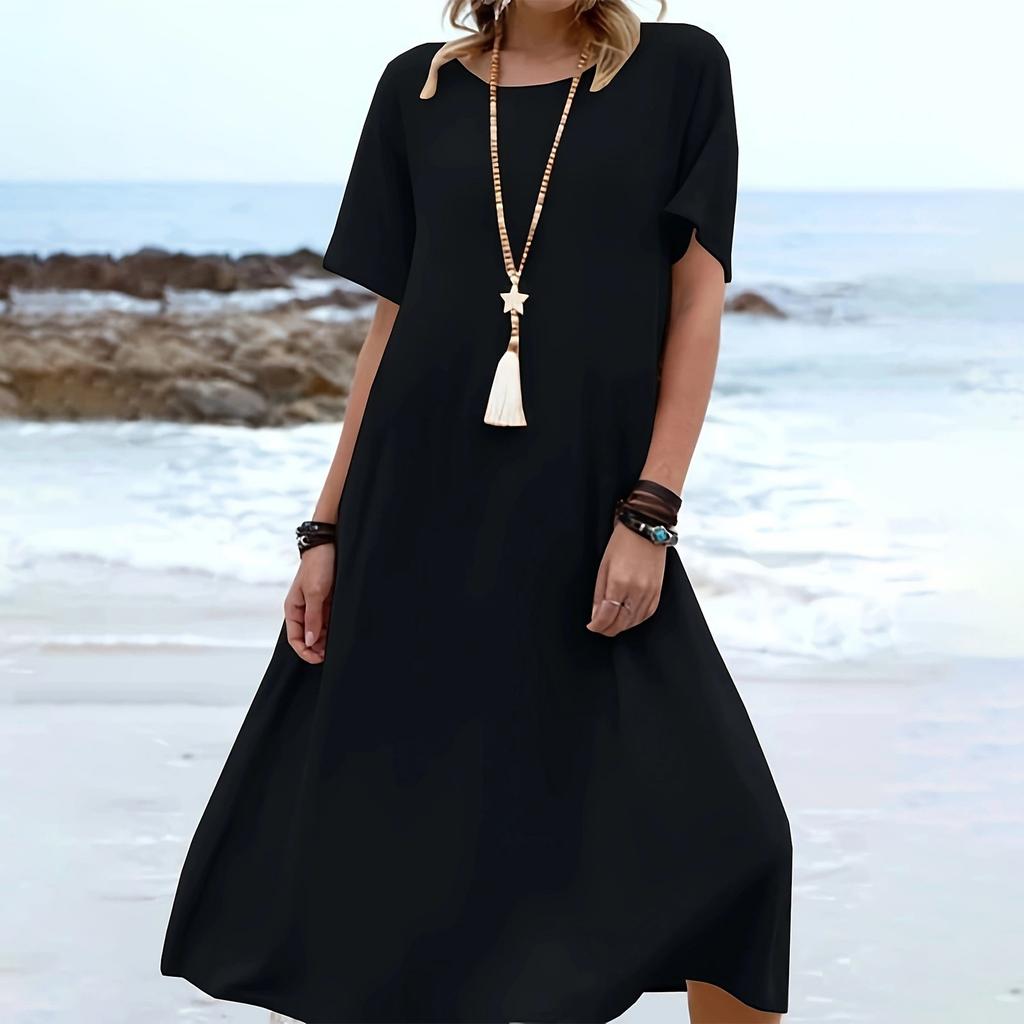 Ladies' Fashionable Vacation Solid Color Casual Round Neck Short Sleeved Loose Dress