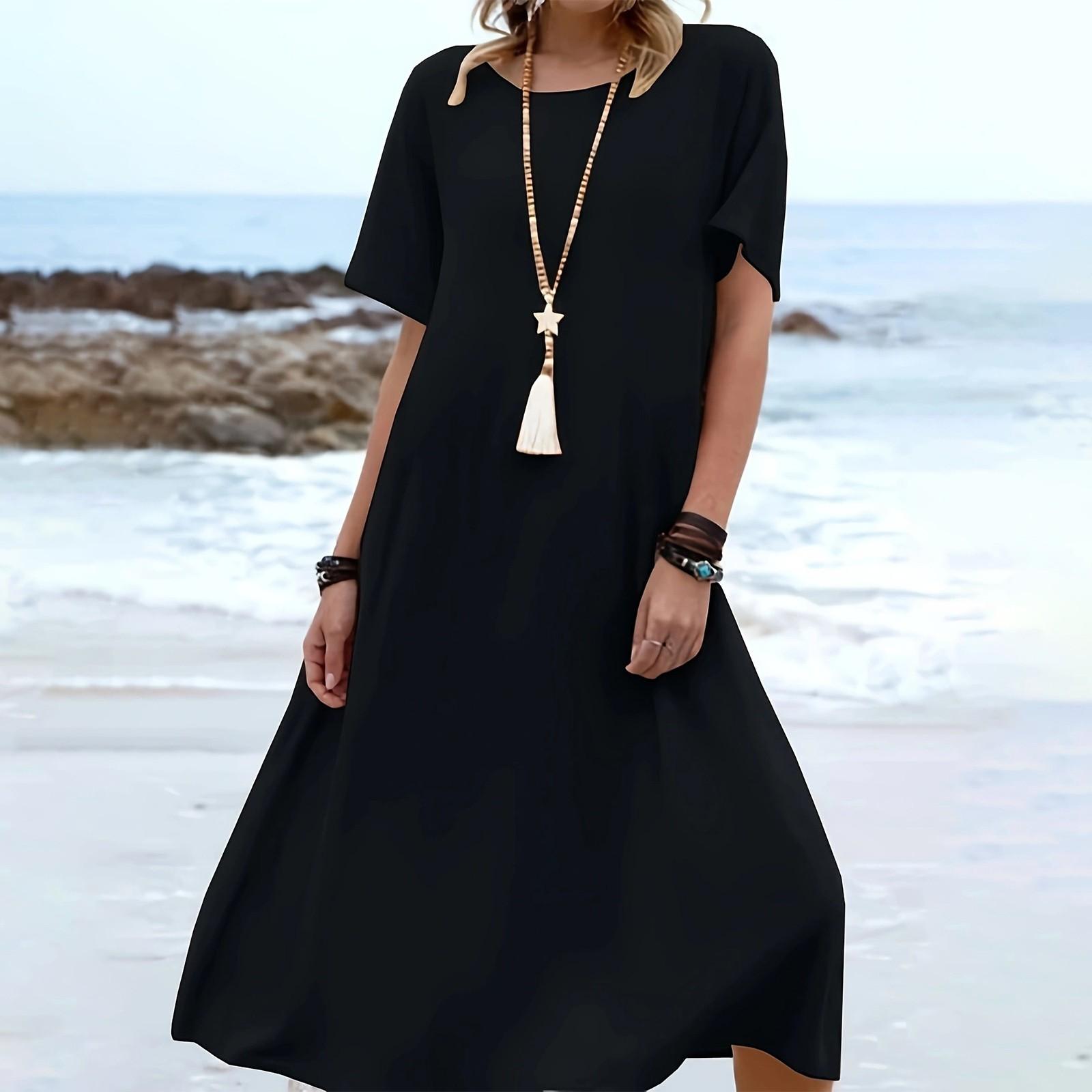 

Женское модное отпускное однотонное повседневное платье свободного кроя с круглым вырезом и короткими рукавами XL чёрный