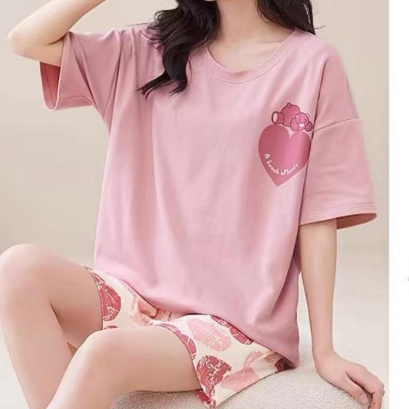 Women Summer Two Pieces Set Pajamas O-neck Short Sleeve Shorts Pant Homewear Thin Loose Cartoon Printing with Chest