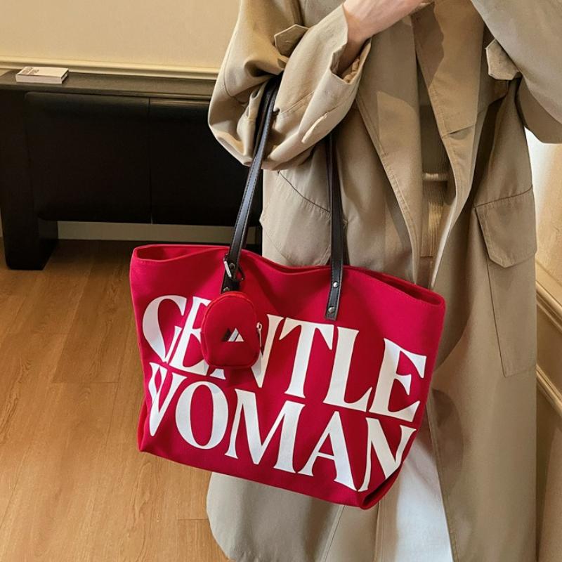 Women Stylish Canvas Shoulder Bag Large Capacity Letter Print Tote Handbag for College Students Travel Texture Commuting Bag